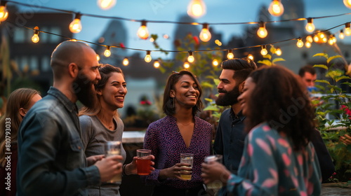 Group of diverse friends enjoying a rooftop party with city skyline views and festive decorations