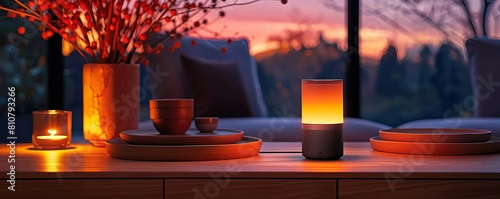 A compact, allinone home assistant device managing lighting, temperature, and security, visualized in a modern, minimalist graphic design photo