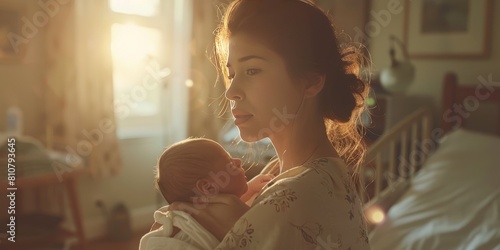 tender moment as a mother cradles her newborn baby in a hospital room with soft lighting in the background photo