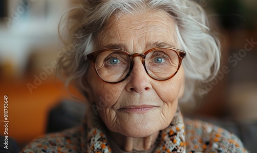 Portrait of positive elderly lady indoors