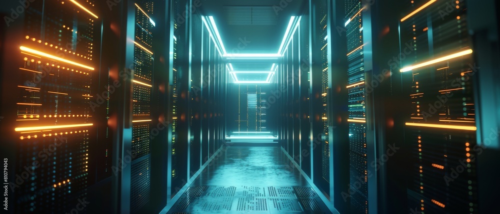Image of modern data center with multiple rows of operating server racks. Image of modern high-tech database supercomputer clean room. Image of modern data center with multiple rows of operating server racks. Image of modern high-tech database supercomputer clean room.