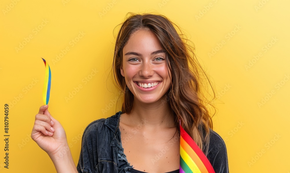 Smiling lesbian woman waving rainbow colored ribbon in front of yellow wall Smiling lesbian woman waving rainbow colored ribbon in front of yellow wall