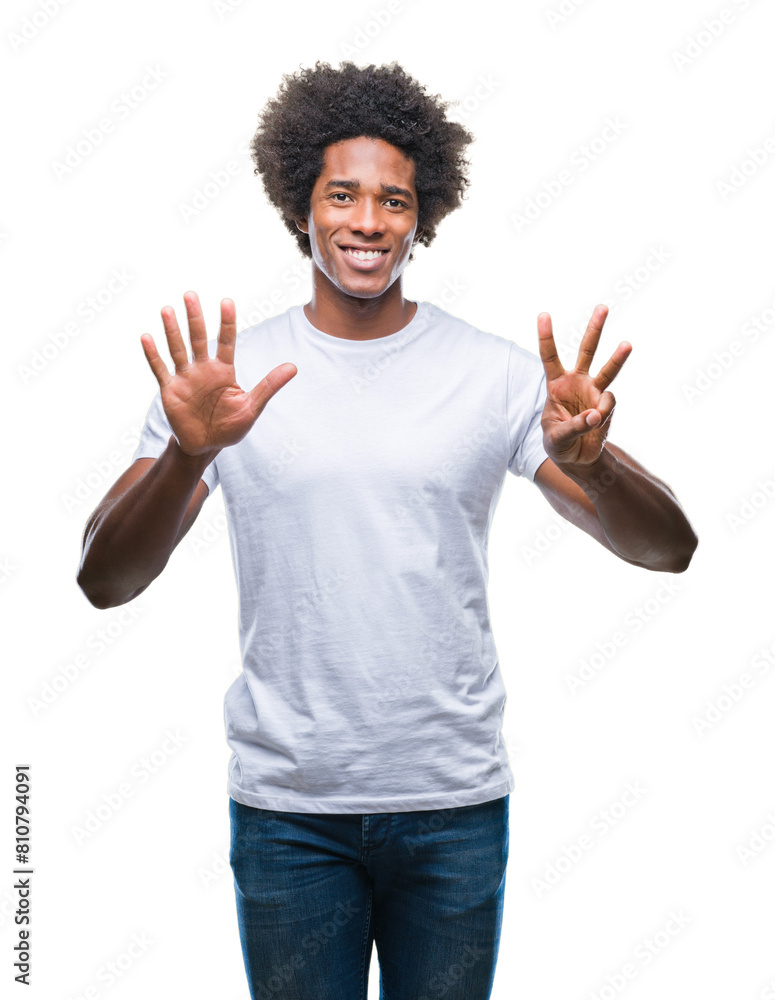 Afro american man over isolated background showing and pointing up with fingers number eight while smiling confident and happy. Afro american man over isolated background showing and pointing up with fingers number eight while smiling confident and happy.