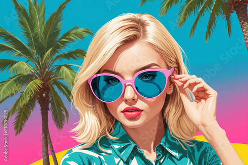 Pop art portrait of a blonde model girl with sunglasses on a palm tree summer vibe background