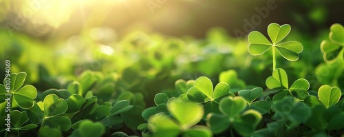 Green background with three-leaved shamrocks, Lucky Irish Four Leaf Clover in the Field for St. Patricks Day holiday symbol. photo