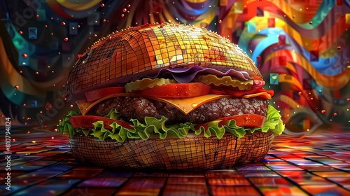 Hamburger with abstract background, 3d render. Computer digital drawing. © Aga Bak