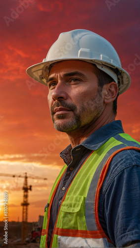 Portrait of a construction worker wearing hard hat and vest with a beautiful sunset over the construction site in the background