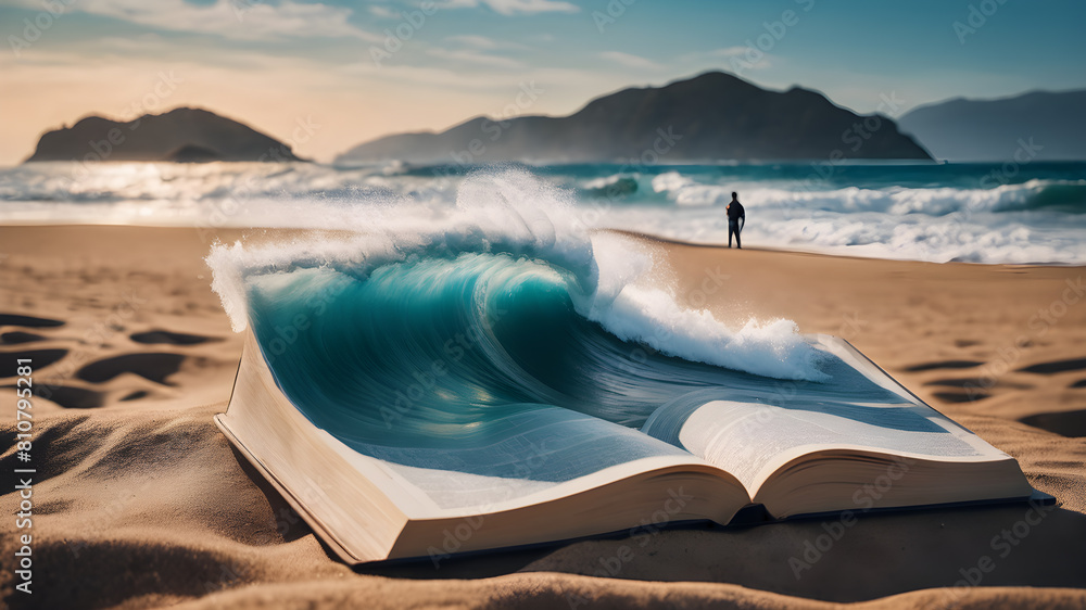 Person and a book on the beach and big waves Person and a book on the beach and big waves