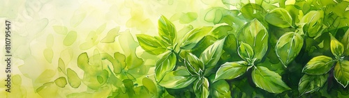 Basil Leaves wallpaper, in watercolor style, features fragrant green leaves carpeting the ground. Their pungent aroma and culinary versatility evoke Mediterranean charm. photo