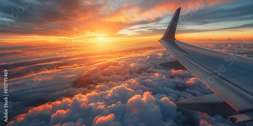 Aerial view of a beautiful sunset as seen from the plane, view above the clouds