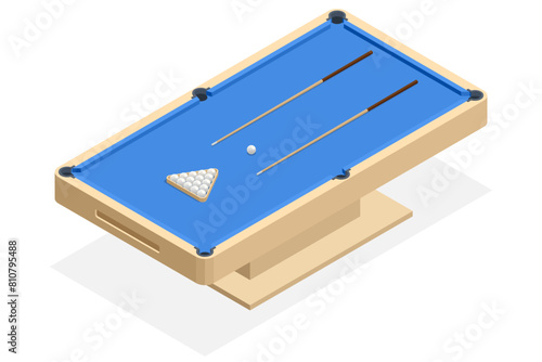 Isometric billiard table isolated on white background. Billiard table with green surface and balls in the billiard club.Pool Game. Snooker billiard