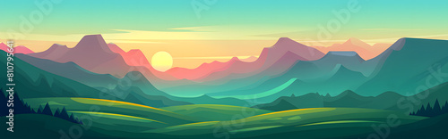 illustration of a green grassland with mountain