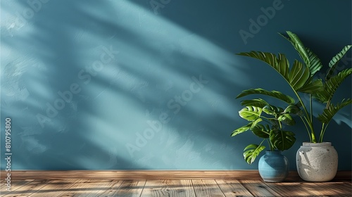 3d rendering of blue wall background with copy space and plant on wooden table  interior design concept