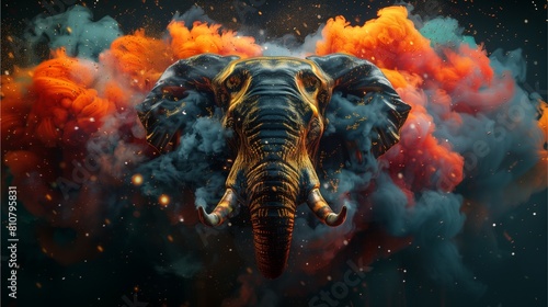 3D rendering of an elephant head exploding with multi-colored smoke and baroque gold accents. Artistic style.