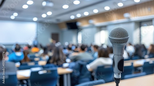 The speaker s microphone is commonly found in educational events conference lecture halls seminar meeting rooms and classrooms with audiences or students photo