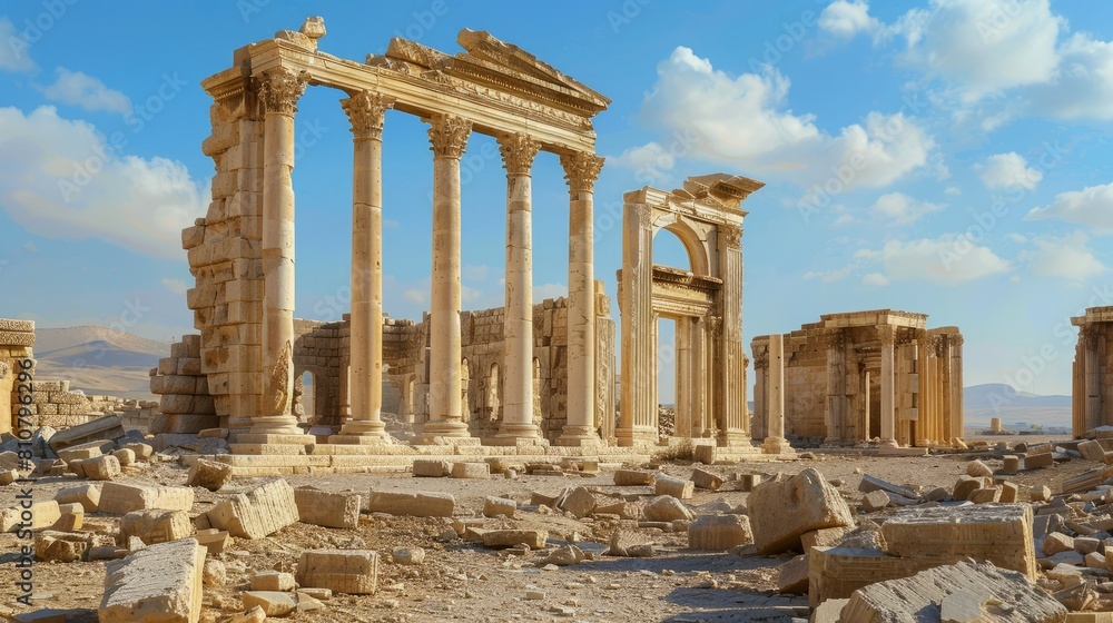Obraz premium Cultural Loss: Show the ruins of iconic landmarks and cultural heritage sites destroyed by war, symbolizing the irreparable loss of human history and heritage.