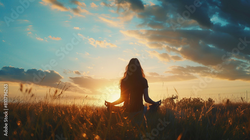 Silhouette of Woman Meditating Alone in Summer Field at Evening Sunset