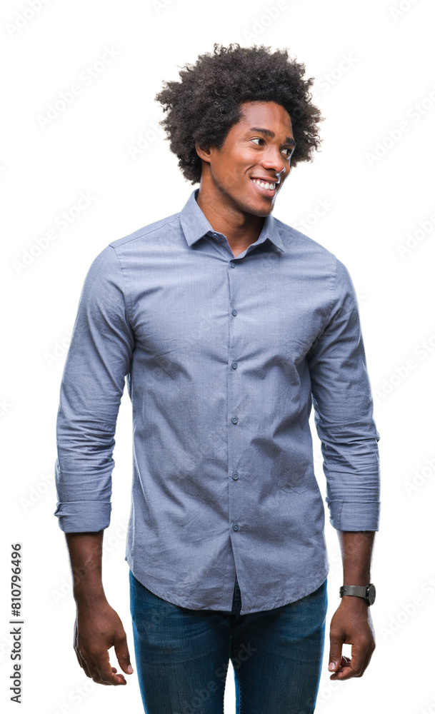 Afro american man over isolated background looking away to side with smile on face, natural expression. Laughing confident. Afro american man over isolated background looking away to side with smile on face, natural expression. Laughing confident.