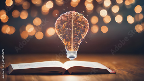 Creative concept of human brain in light bulb on an open book. AI generated image. Creative brain Idea and light bulb concept ,Business and education concept. AI generated image, ai .
