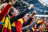 Belgian football soccer fans in a stadium supporting the national team, Rode Duivels, Diables Rouges