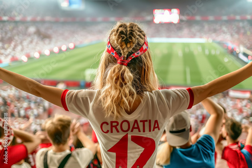 Croatian football soccer fans in a stadium supporting the national team, view from behind, Kockasti
 photo