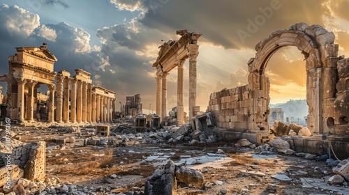 Cultural Loss: Show the ruins of iconic landmarks and cultural heritage sites destroyed by war, symbolizing the irreparable loss of human history and heritage.