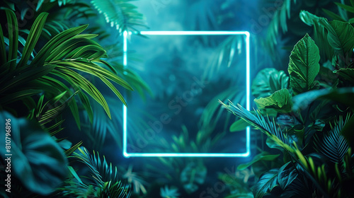 Tropical Plants Illuminated with Green and Blue Fluorescent Light. Rainforest Environment with Diamond shaped Neon Frame © Thitiphan