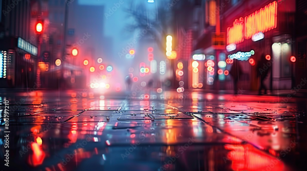 Street photograph, a nighttime urban scene with triad colors of indigo, chartreuse, and tangerine. Apply a bokeh lens for dreamy lights. Generative AI Street photograph, a nighttime urban scene with triad colors of indigo, chartreuse, and tangerine. Apply a bokeh lens for dreamy lights. Generative AI