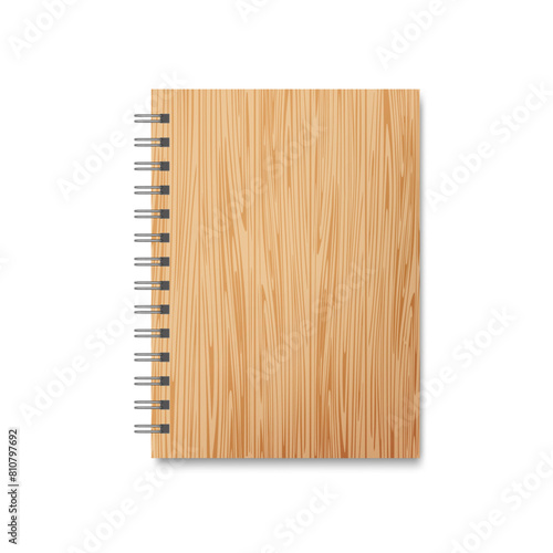 Realistic blank wooden cover eco notebook а6 with spiral, template stationery notebook office.