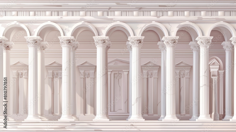 Modern realistic ancient greek temple front with white marble arches and columns covered with capitals. Background with roman palace entrance. Modern realistic ancient greek temple front with white marble arches and columns covered with capitals. Background with roman palace entrance.
