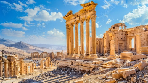 Cultural Loss: Show the ruins of iconic landmarks and cultural heritage sites destroyed by war, symbolizing the irreparable loss of human history and heritage. photo