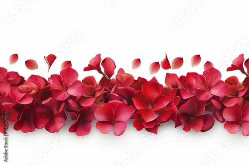A banner design with red flower petals gathered at the top of a white background 