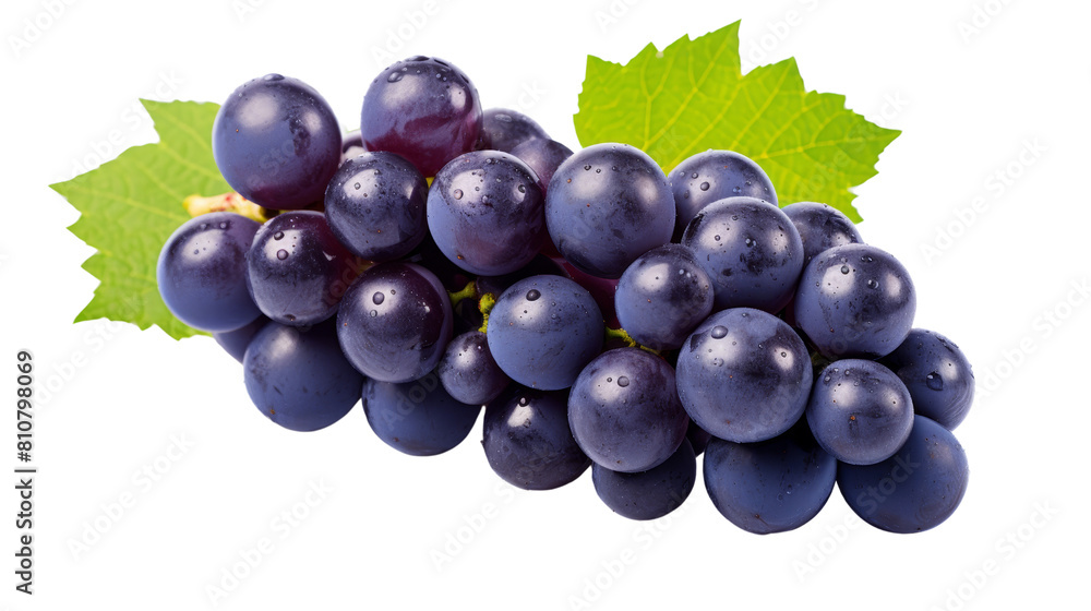 Fototapeta premium A bunch of ripe blue grapes with green leaves on a transparent background.