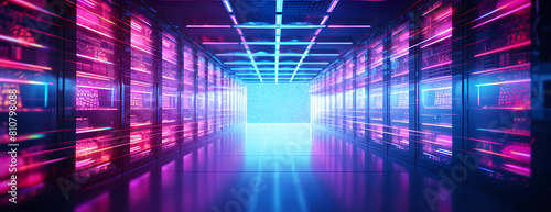 futuristic server room with pink and blue lights