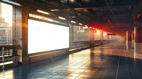 A billboard stand stands empty in the middle of a bustling city, awaiting advertising. Mockup