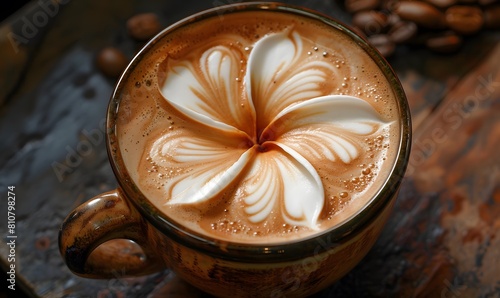 a cup of coffee showcasing a stunning latte art flower design, symbolizing the artistry and passion that defines the world of specialty coffee. photo