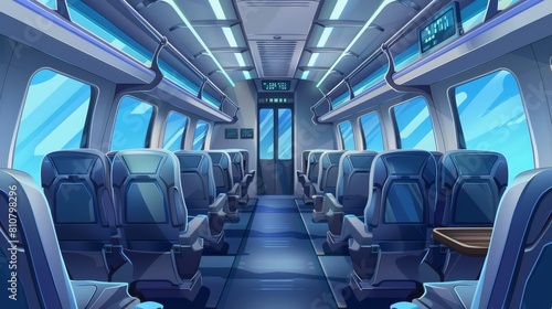 Bus  train  or airplane interior with chairs and folding back seat tables. Modern cartoon passenger carriage with digital display  food and drink on foldable tray desks.