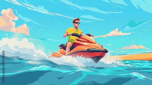 Watersports illustration of man on jet ski in sea. Young man ride aquabike on ocean waves. Modern cartoon illustration of seascape with person wearing sunglasses riding water scooter. The extreme