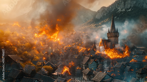 Medieval village on fire, houses are engulfed in flames, fire in city. Attack of barbarians enemies on medieval village settlement. War in the kingdom photo