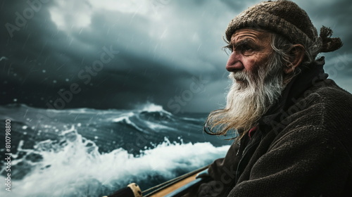 Old bearded fisherman taking on his boat at sea during storm in the ocean, portrait photo