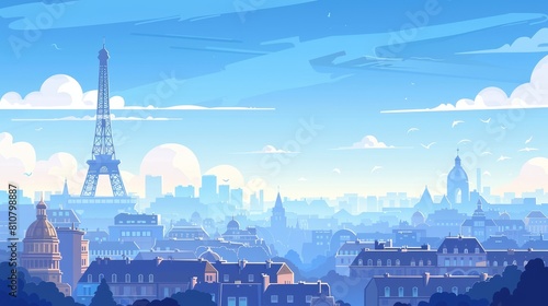 A modern cartoon illustration of Paris cityscape with famous landmarks and the Eiffel Tower  a horizontal banner with a blue cloudy sky  buildings  and panoramic views of the city
