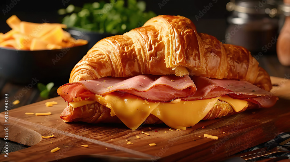 Ham and Cheese Croissant Sandwich, served in the morning to start your day, featuring layers of succulent ham, melted cheese, and a perfectly baked croissant Ham and Cheese Croissant Sandwich, served in the morning to start your day, featuring layers of succulent ham, melted cheese, and a perfectly baked croissant