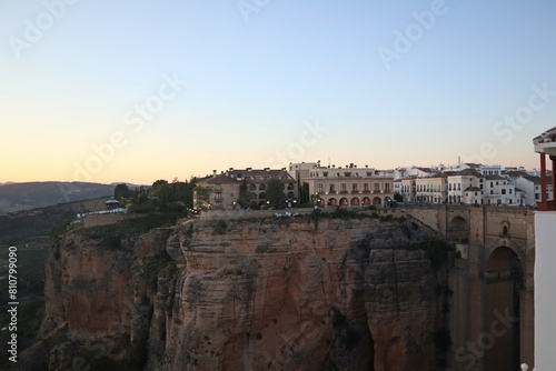 Famous view on the Puente Nuevo crossing the El Tajo Canyon in Ronda, cozy historical city in Andalusia, Spain