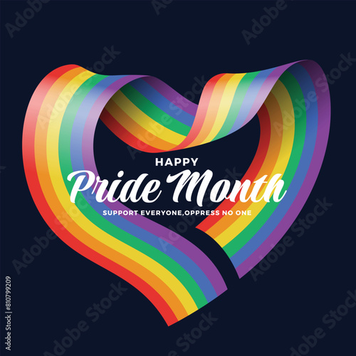 Happy pride month - Text on Rainbow long pride flag with waving to heart shape on dark blue background vector design