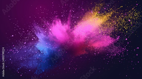 Decorative element for indian festival, Holi paint powder color explosion. Blue pink, yellow purple, dust splash splashed on dark transparent background.