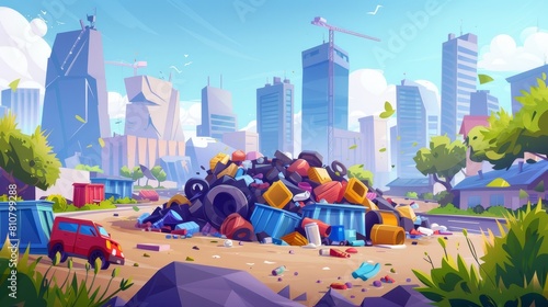 Modern cartoon cityscape with a dump with piles of garbage and plastic trash. Junkyard with buildings and skyscrapers on the background. photo