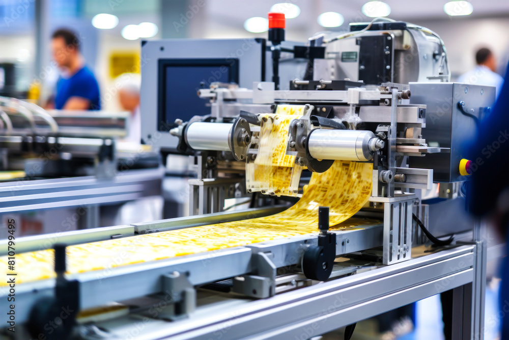 A pasta-making machine expertly churns out delicious pasta on a conveyor belt in a bustling pasta factory