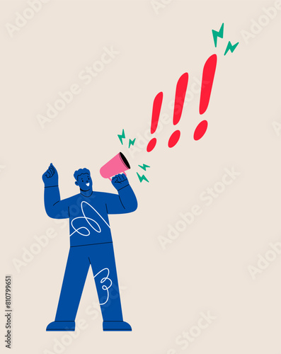 Confidence man talking on megaphone with exclamation attention. Colorful vector illustration