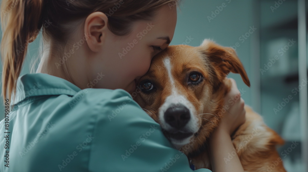 Veterinarian affectionately hugs a dog, calming it before examination in an animal clinic