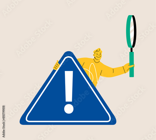 Man with magnifier monitor and investigate incident with exclamation attention sign. Colorful vector illustration